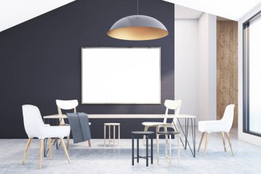 Siyah, beyaz ve ahşap duvar tavan yemek odası iç ahşap bir masa, sandalye çeşitli türleri ve bir çerçeve yatay poster. 3D render alay