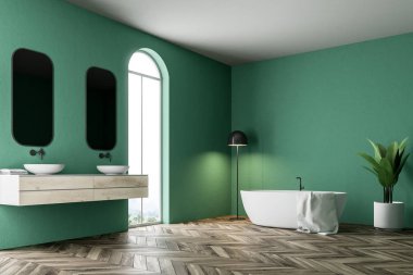 Beyaz bir küvet, bir çift lavabo saksı bir ağaç ve bir lamba köşesinde asılı bir havlu ile minimalist yeşil banyo köşesi. 3D render alay