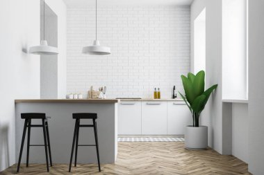 Beyaz tuğla duvar mutfak iç beyaz mutfak tezgahı, tabureleri olan çubuk ve duvarın yanında saksılı bir bitki. 3D render alay