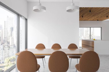 Beyaz yemek odası ve mutfak iç ahşap sandalye ve mutfak tezgahı yakınındaki bir tabloyla panoramik pencereli. Cityscape. 3D render alay