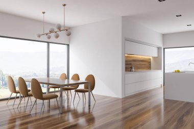 Gri yemek odası ve mutfak köşesi karanlık sandalye ve mutfak tezgahı yakınındaki bir tabloyla panoramik pencereli. Bahçe Manzaralı. 3D render alay