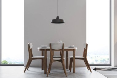 Beton duvar yemek odası iç uzun ahşap bir masa, çatı windows ve birçok sandalye. 3D render alay