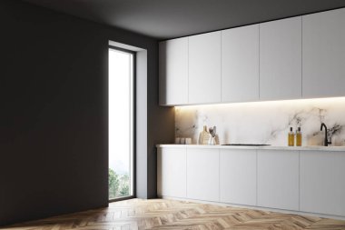 Siyah mutfak iç ahşap zemin ile yapılı içinde aletleri ile beyaz mutfak tezgahı. Yan görünümü. 3D render alay