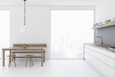 İskandinav tarzı yemek odası ve mutfak köşesi panoramik pencerelere, ahşap sandalye ile bir masa ve bir Bank ve mutfak tezgahı yakın. Şehir manzaralı. 3D render alay
