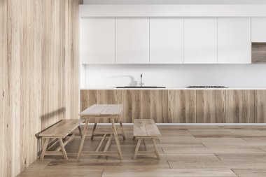 Uzun ahşap bir masa ve iki uzun banklar ile ışık ahşap duvar yemek odası iç. Ahşap ve beyaz mutfak tezgahı. 3D render alay