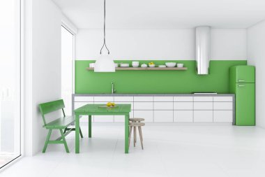 Beyaz yemek odası ve mutfak loft windows, yeşil bir masa, sandalye ve bir Bank. Beyaz mutfak tezgahı ve bir buzdolabı. 3D render alay