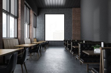 Loft Restoran İç gri ve tuğla duvarlar, ahşap masa ve deri banklar sıralamalar onları boyunca ve bir pencere bir cityscape ile upscale. 3D render
