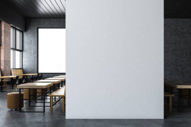 Loft Restoran İç gri ve tuğla duvarlar, onları boyunca ahşap tablolar ve banklar puan durumu ve sahte Duvar ile upscale. 3D render