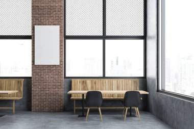 Loft Restoran İç bir beton zemin, tuğla duvarlar, ahşap masa ve onlara yakın siyah sandalye ile. Poster kadar dikey sahte. 3D render