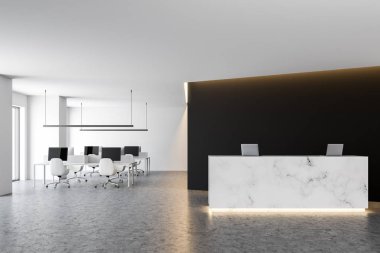 Mermer ofis resepsiyon masa ile iki bilgisayar bir modern şirket salonda bir siyah duvar ve içinde belgili tanımlık geçmiş bir açık alan oda ile ayakta. 3D render alay