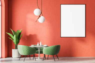 Yeşil koltuklar lüks restoran iç kırmızı duvarlar, büyük kemerli pencereler ve sütunları ile. Sahte bir çerçeve dikey poster ve bir bitki pot 3d render kadar