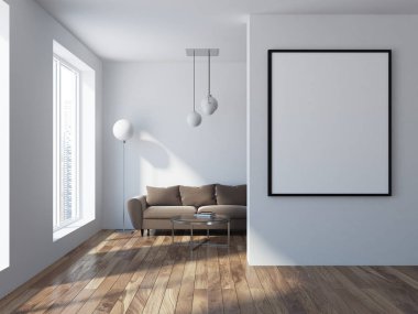 İskandinav tarzı çatı katında salon iç lüks bej kanepe ayakta. Özgün zemin ve tavan lambaları ve poster çerçevesi kadar dikey sahte. 3D render