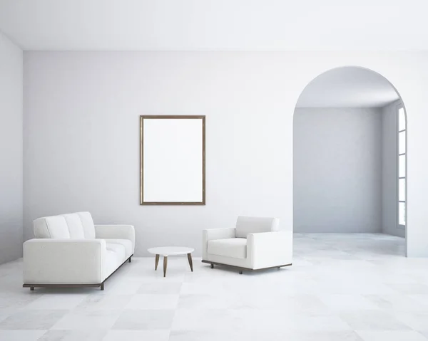 Witte Muur Minimalisme Woonkamer Met Een Tegelvloer Een Lange Witte — Stockfoto