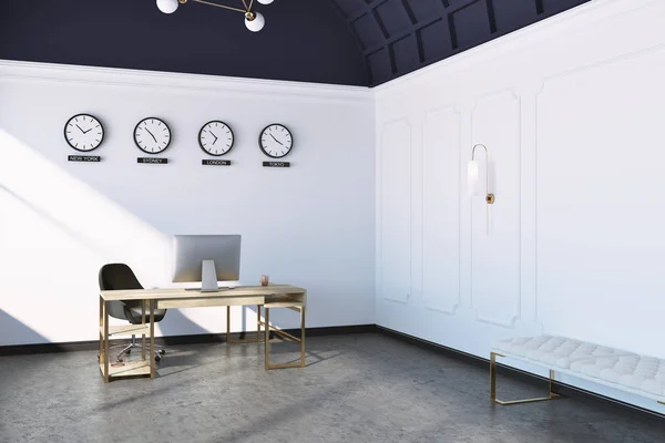 Boss office corner with white walls, and a massive table with computer standing on a concrete floor. Clocks on the wall. 3d rendering mock up