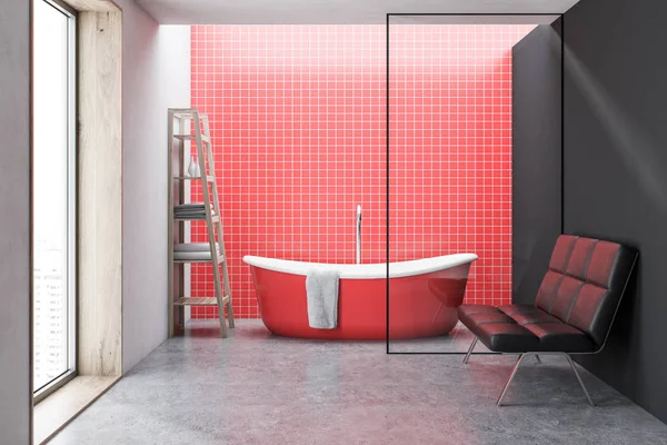 Interior Baño Azulejos Rojos Con Bañera Roja Una Gran Ventana —  Fotos de Stock