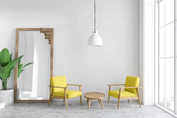 Żółty Fotele Salon Wnętrza Białymi Ścianami Loft Windows Beton Ramy — Zdjęcie stockowe