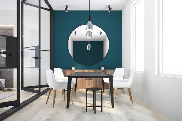 Dark green and white wall dining room interior with a black table, white and black chairs and a round mirror on the wall. A family values concept. 3d rendering