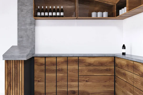 Gray and wooden bar counter with shelves for wine bottles hanging above it. Concept of a good pastime. 3d rendering mock up