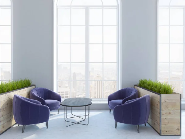 Loft cafe interior with white walls, loft windows and purple armchairs standing near coffee tables. Flower beds. 3d rendering mock up