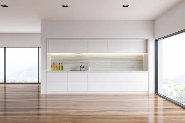 白色墙壁厨房内部与白色台面 修造在用具和全景窗口 渲染模拟 — 图库照片
