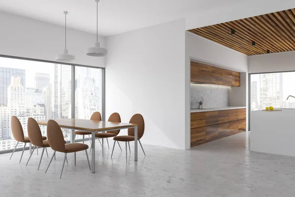 Weißes Esszimmer Und Küchenecke Mit Panoramafenstern Tisch Mit Holzstühlen Der — Stockfoto