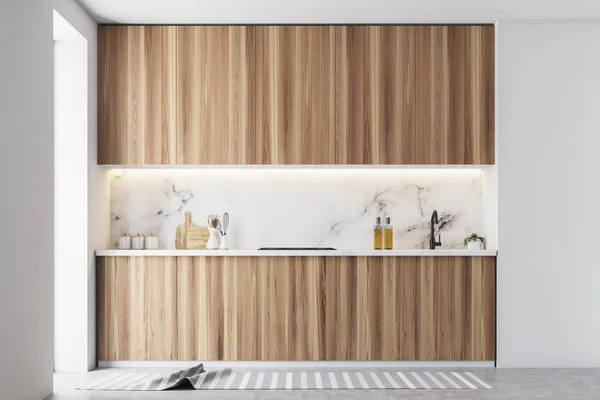 Wooden Kitchen Countertops Built Appliances White Kitchen Interior Concrete Floor — Stock Photo, Image
