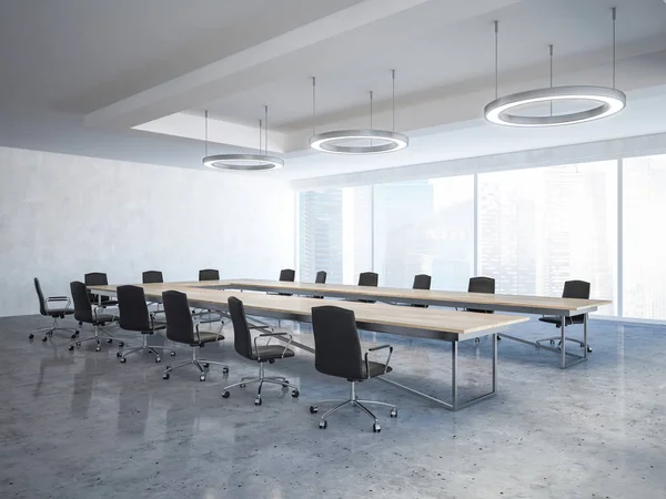 黑色椅子会议室内有一个长的木制桌子 全景窗口和圆形的天花板灯 侧面视图 经营战略的概念 渲染模拟 — 图库照片