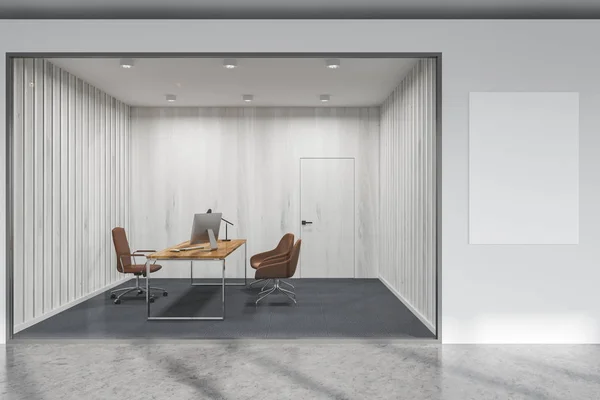 Sala Oficina Pared Blanca Cristal Gerente Empresa Con Una Mesa — Foto de Stock