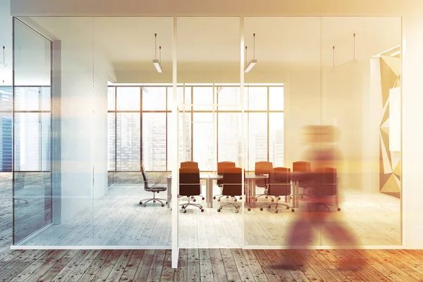 Businessman Walking Star Wall Pattern Office Glass White Walls Long — Stock Photo, Image