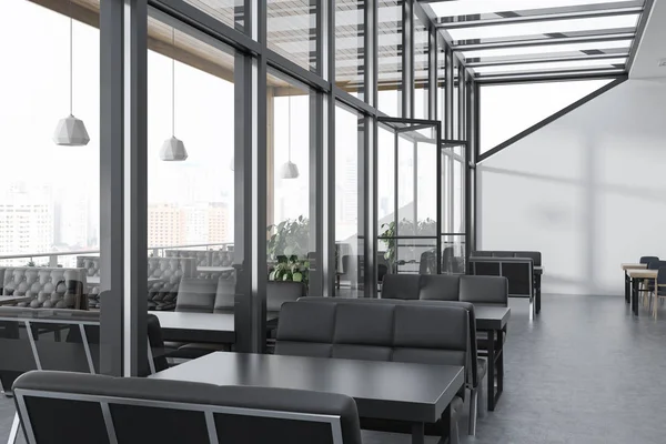 玻璃屋顶咖啡馆与露台 深灰色的墙壁 木地板和桌子附近的黑色沙发 前面的视图 渲染模拟 — 图库照片