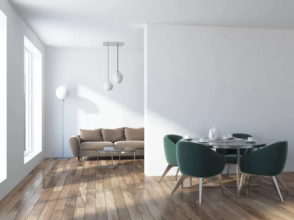 Lyxiga Beige Soffa Stående Skandinavisk Inredning Loft Vardagsrum Ursprungliga Golv — Stockfoto