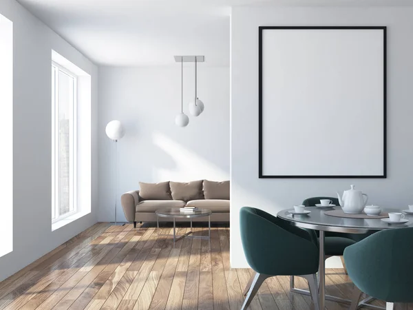 Lyxiga Beige Soffa Stående Skandinavisk Inredning Loft Vardagsrum Ursprungliga Golv — Stockfoto