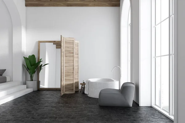 Luxus Weißes Badezimmerinterieur Mit Betonboden Weißer Badewanne Grauem Sessel Und — Stockfoto