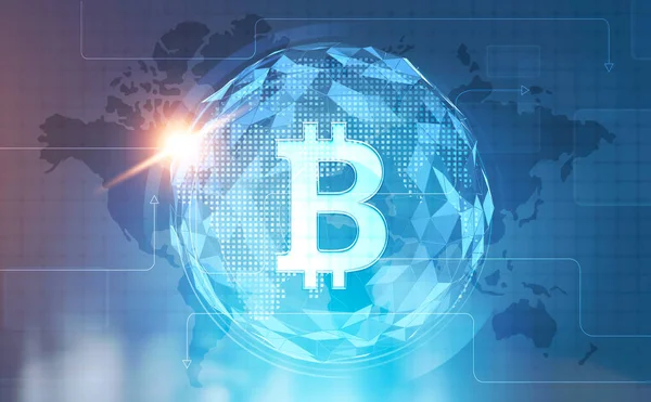 Bir çokgen Earth harita ve küre ve bulanık office arka plan karşı parlayan Bitcoin sembolü. Tonlu görüntü pozlama sahte katlayın. Nasa tarafından döşenmiş bu görüntü unsurları