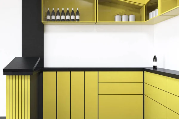 Yellow pub bar close up with lots of drawers and wine shelves hanging above them on a white wall. 3d rendering mock up