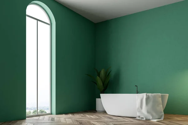 Wnętrze Minimalistyczny Zielony Łazienka Wanną Biały Ręcznik Wiszące Nim Drzewa — Zdjęcie stockowe