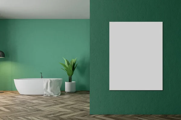 Minimalistic Green Bathroom Interior White Bathtub Towel Hanging Potted Tree — Stock Photo, Image