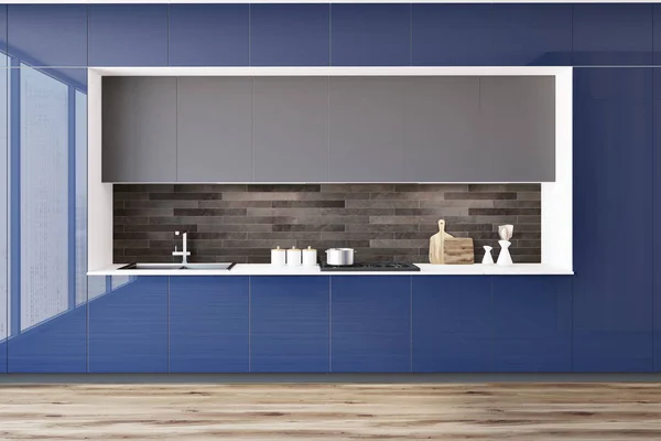 蓝色光泽厨房台面与内置在一个灰色的厨房内部与木地板和酒吧与凳子 前面的视图 渲染模拟 — 图库照片