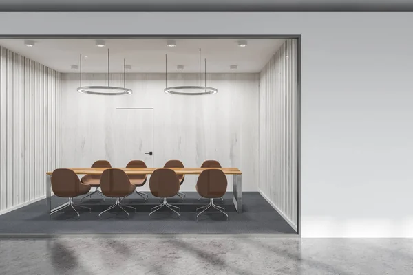 White and glass wall office conference room with a long table and brown chairs standing near it. Concept of communication. 3d rendering mock up