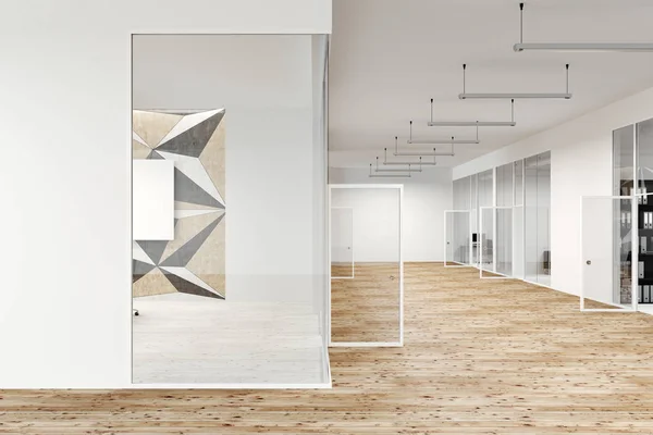 Bürofoyer Mit Gläsernen Und Weißen Wänden Und Einem Holzboden Beratungskonzept — Stockfoto