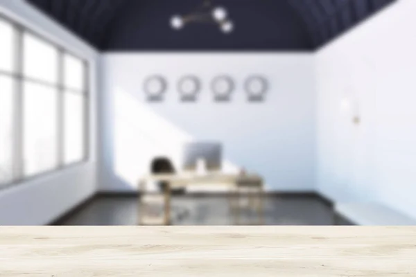 Boss office interior with white walls, big window and a massive table with computer standing on a concrete floor. Clocks on the wall. 3d rendering mock up blurred