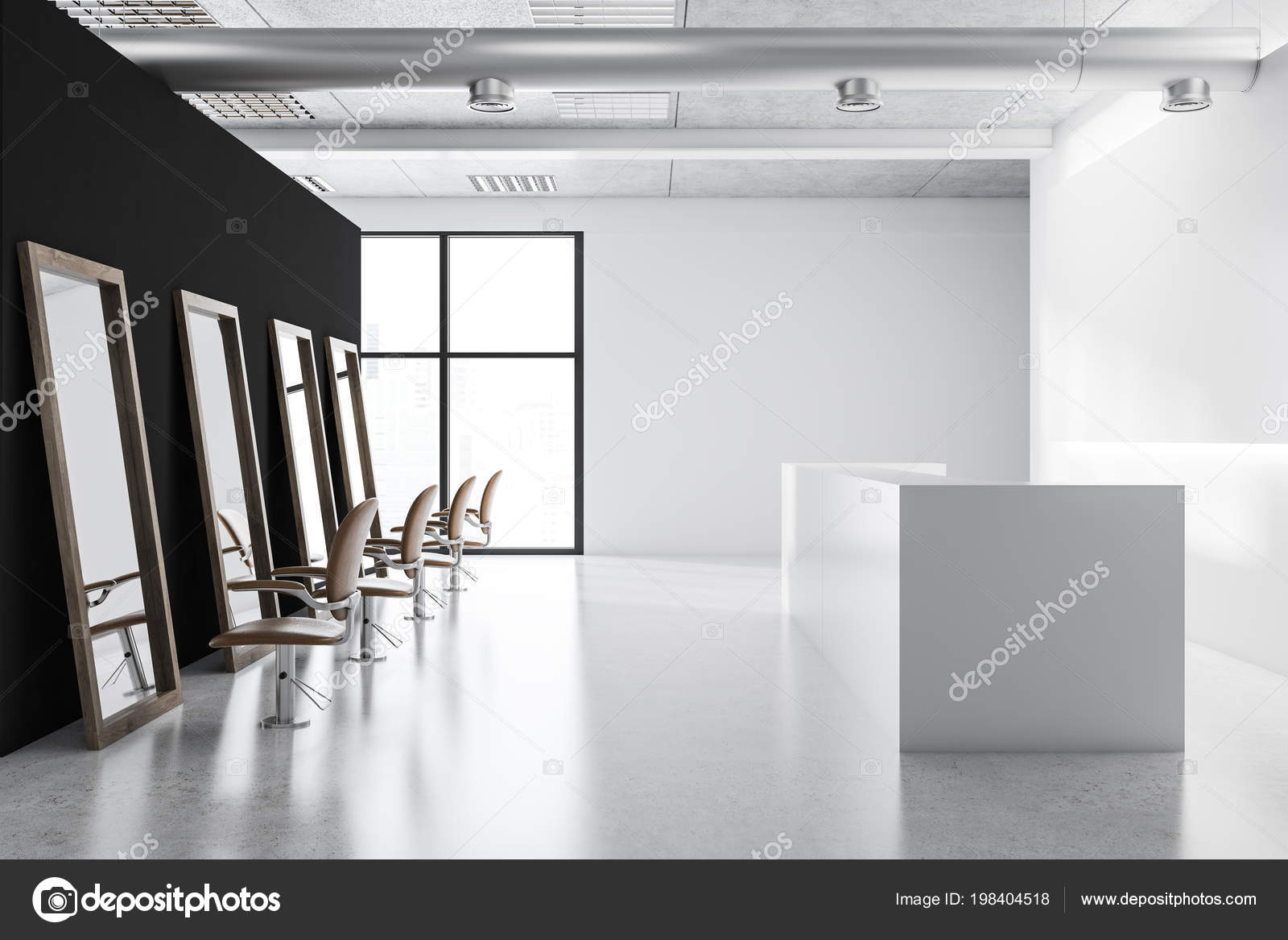 Modern Barber Shop Interior White Black Walls Tall Mirrors