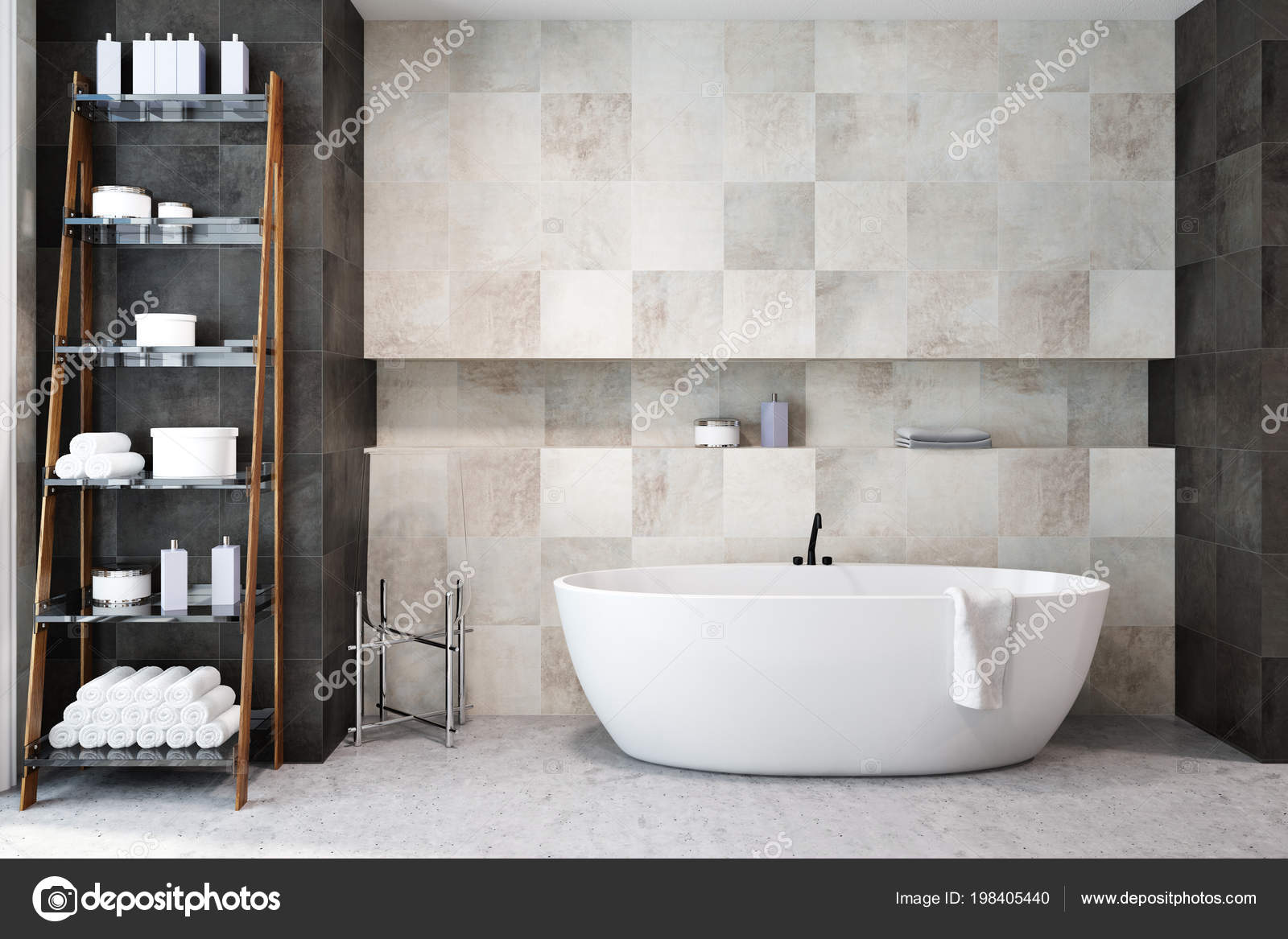 White Tiles Bathroom Interior Concrete Floor Large White Bathtub