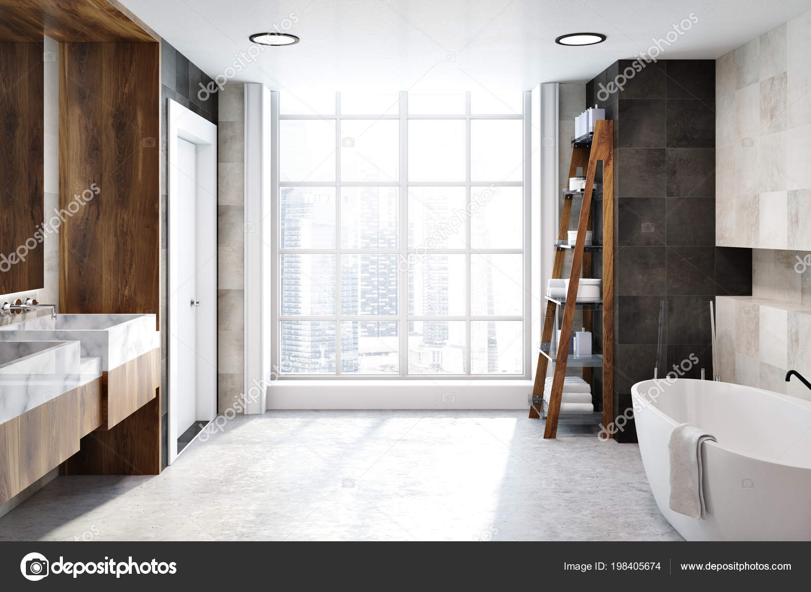 White Tiles Bathroom Interior Concrete Floor Large White Bathtub