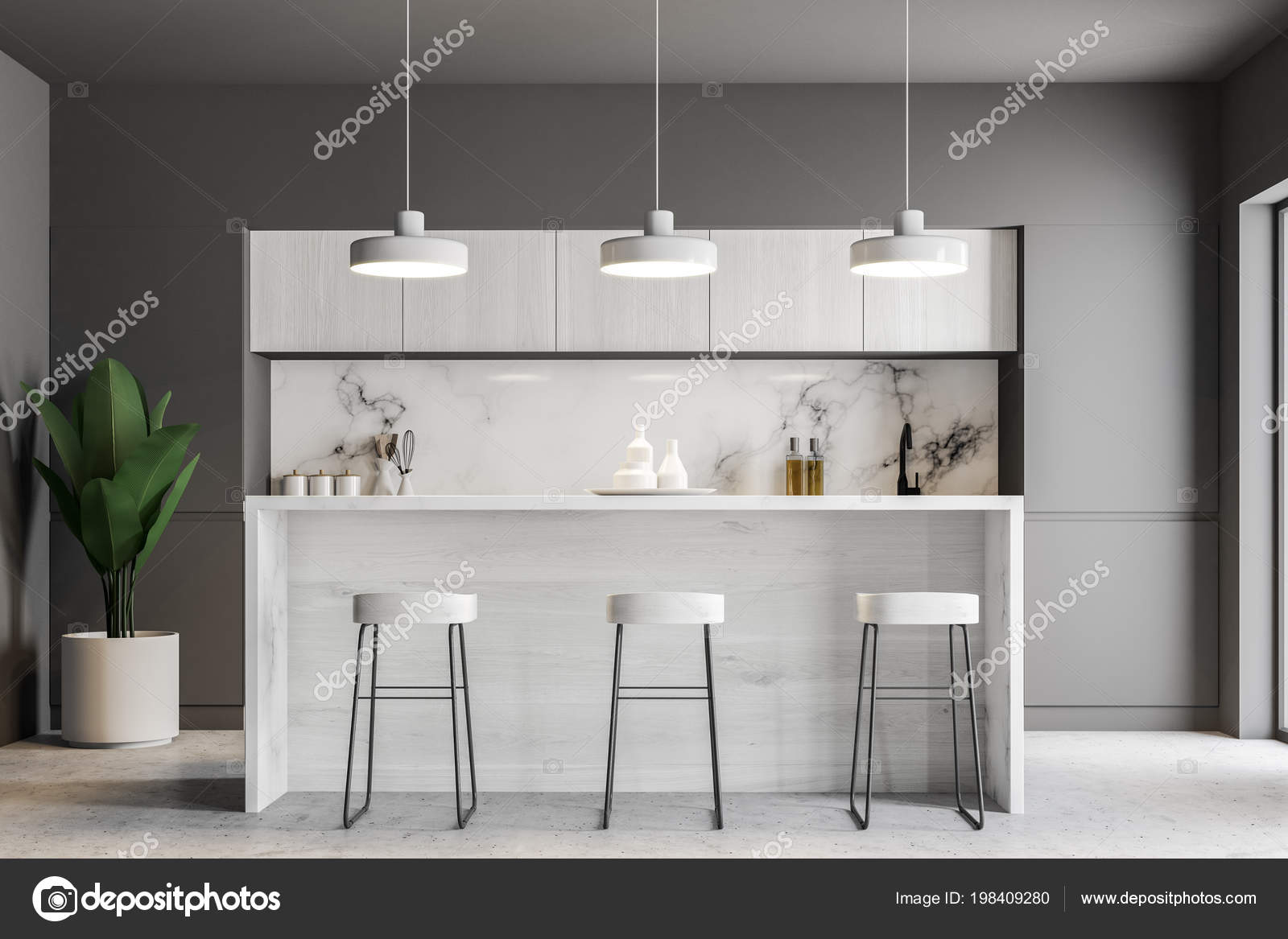 Intérieur Cuisine Avec Des Murs Gris Plancher Bois Blanc