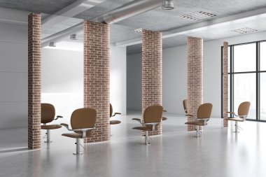 Modern kuaför dükkanı köşe beyaz ve tuğla duvarlar, uzun boylu aynalar ve rahat bej sandalyeler. Yan görünümü. 3D render