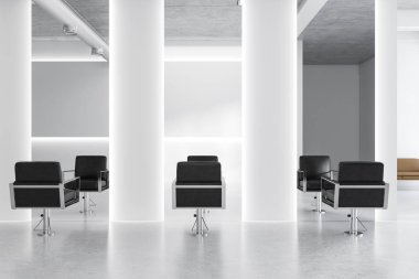 Bir beton zemin, uzun boylu aynalar, beyaz sütunlar ve siyah rahat sandalyeler ile modern Kuaför salonu iç. 3D render