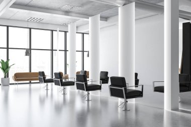 Bir beton zemin, uzun boylu aynalar, beyaz sütunlar ve siyah rahat sandalyeler ile modern kuaför dükkanı köşesinde. 3D render