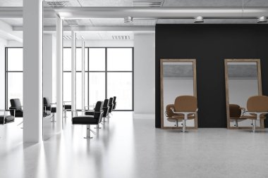 Bir beton zemin, uzun boylu aynalar, beyaz sütunlar ve siyah rahat sandalyeler ile modern Kuaför salonu iç. Siyah ve beyaz duvarlar. 3D render