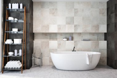 Beyaz bir dolaba havlu ve şişe ile bir beton zemin, büyük bir beyaz küvet ile banyo iç döşer. 3D render alay